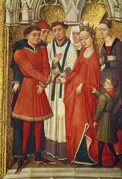 Tríptico de la Redención: Sacramento del Matrimonio, de la serie de pequeñas imágenes que representan los sacramentos alrededor de la imagen central de la Crucifixión, c.1460 de Vrancke van der Stockt